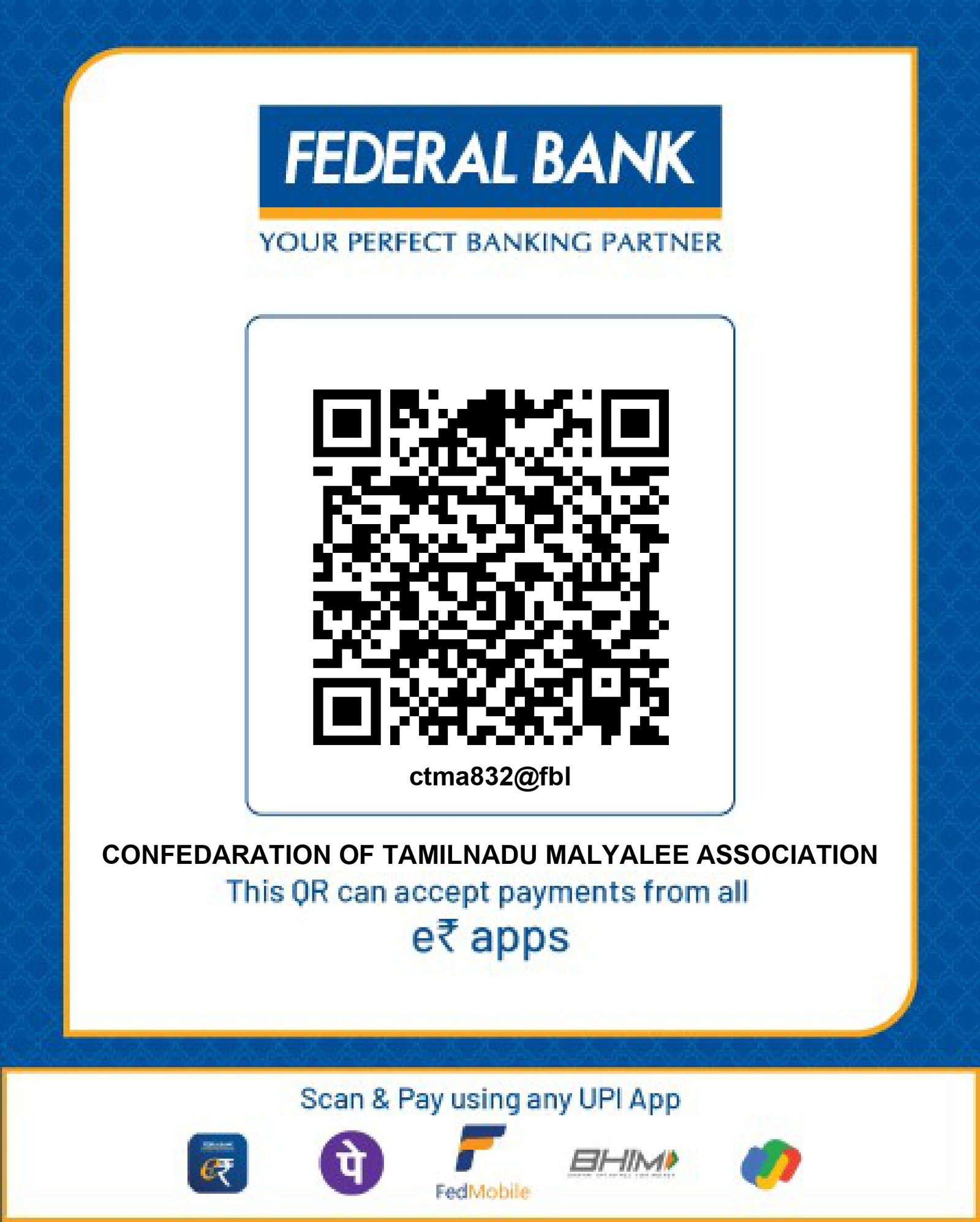 CTMA UPI payment QR code — ctma832@fbl, Federal Bank